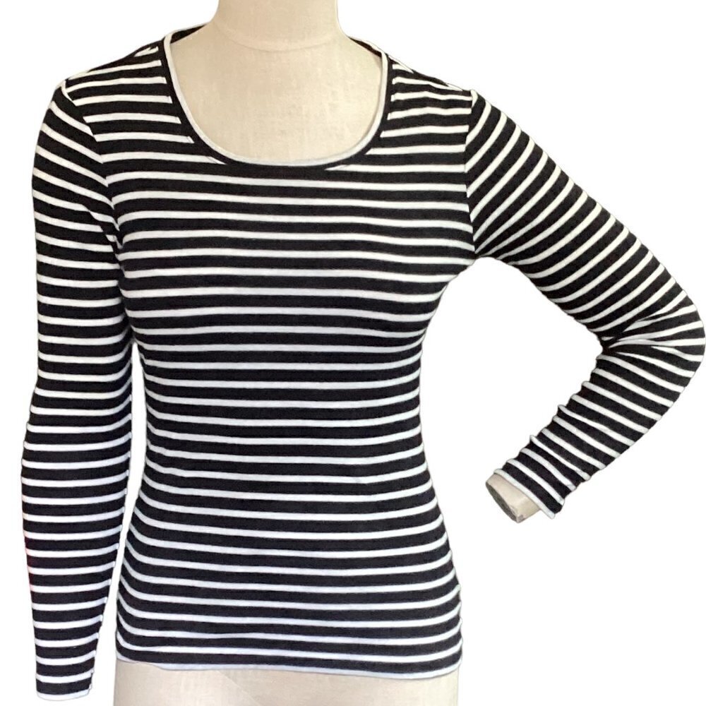 Caslon Striped Round Neck Long Sleeve Cotton Tee Top M Black & White 42i